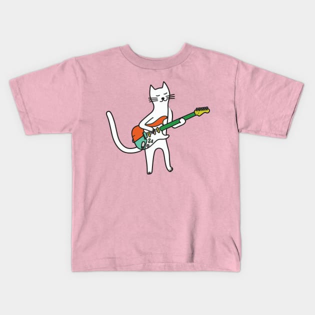 Rockin' Kitty: Minimalist Line Art Cat with Electric Guitar Kids T-Shirt by Kishu